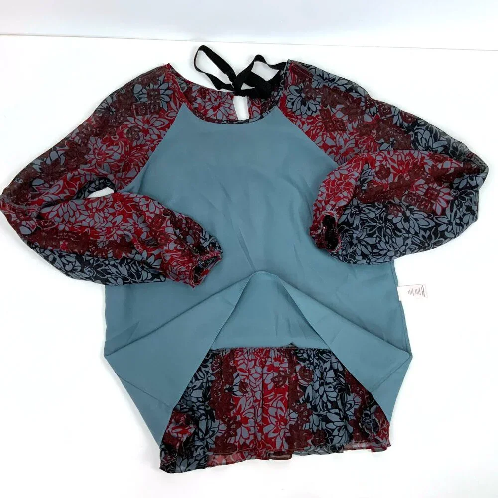 New Cinq a Sept Silk Chiffon Floral Tie Back Peplum Blouse Red Black Sz XS - Picture 16 of 16